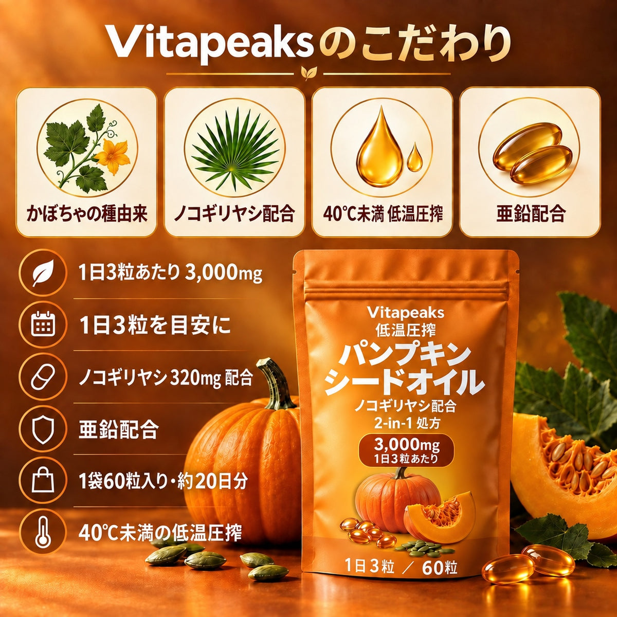 Vitapeaksのこだわり：かぼちゃの種由来・ノコギリヤシ320mg配合・40℃未満低温圧搾・亜鉛配合