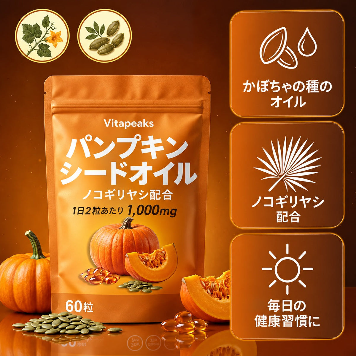 Vitapeaks パンプキンシードオイル ノコギリヤシ配合 60粒